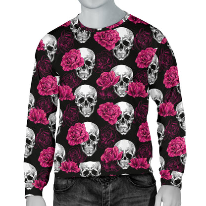 Pink Rose Skull Themed Print Men Long Sleeve Sweatshirt
