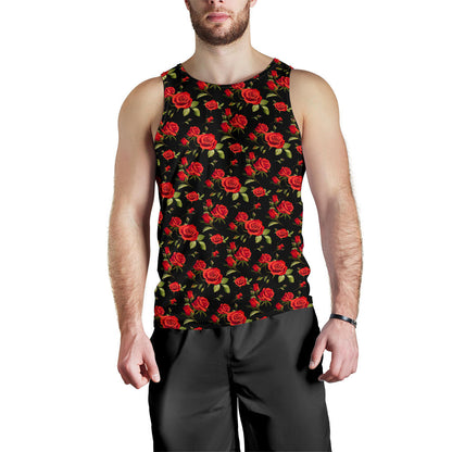 Red Rose Themed Print Men Tank Top