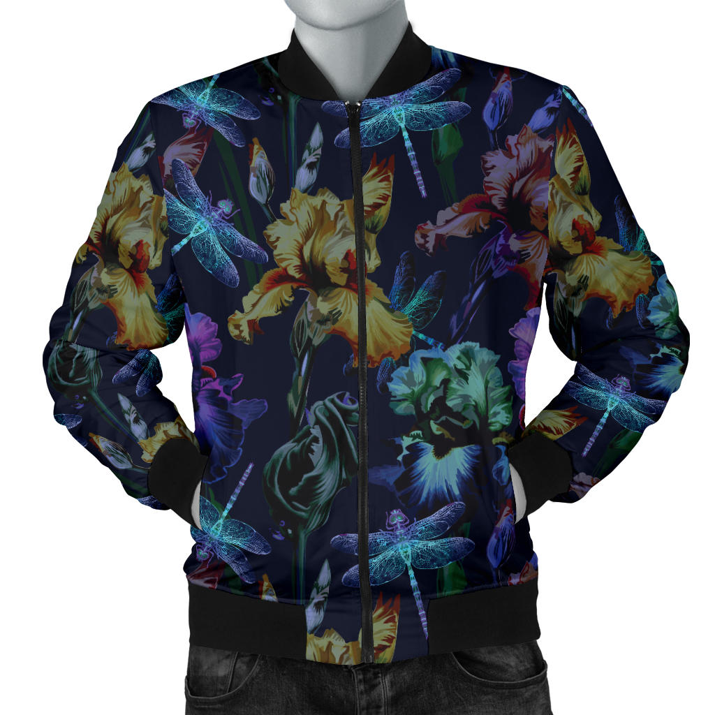Dragonfly With Floral Print Pattern Men Bomber Jacket