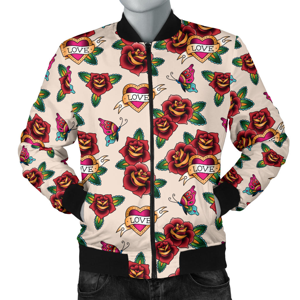 Old School Tattoo Rose Pattern Men Bomber Jacket