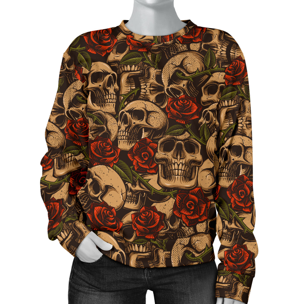 Skull Roses Vintage Design Themed Print Women Long Sleeve Sweatshirt