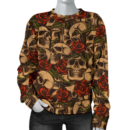 Skull Roses Vintage Design Themed Print Women Long Sleeve Sweatshirt