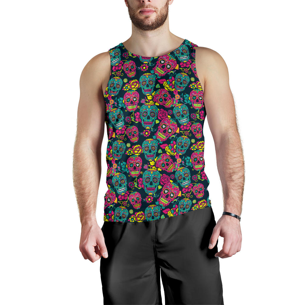 Sugar Skull Floral Design Themed Print Men Tank Top