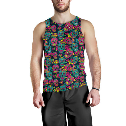 Sugar Skull Floral Design Themed Print Men Tank Top