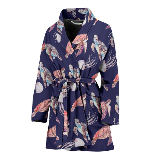 Sea Turtle With Jelly Fish Print Design LKS301 Women Bathrobe
