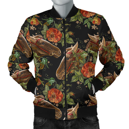Horse Embroidery with Flower Design Men Bomber Jacket