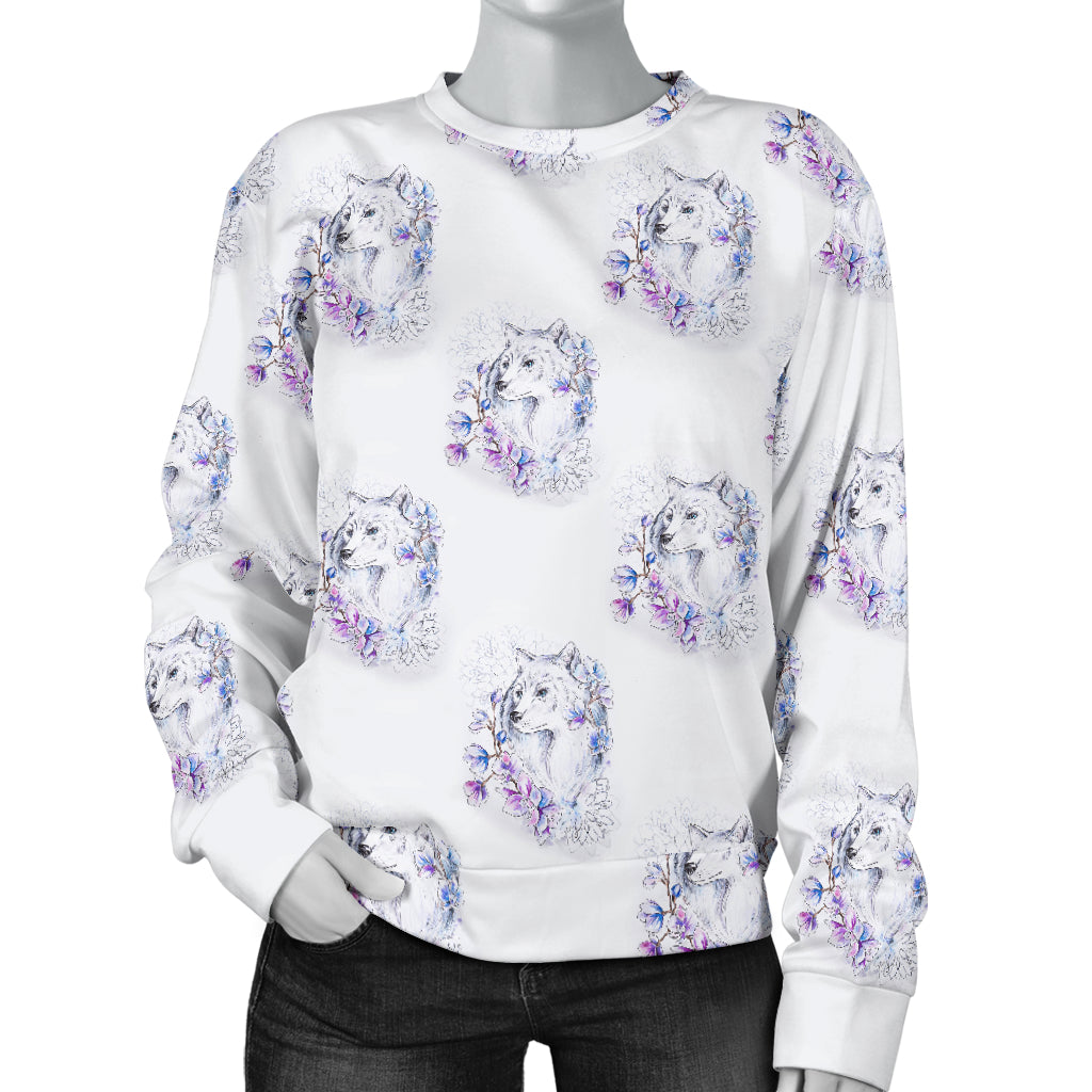 Wolf with Flower Print Design Women Long Sleeve Sweatshirt