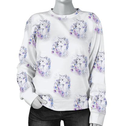 Wolf with Flower Print Design Women Long Sleeve Sweatshirt