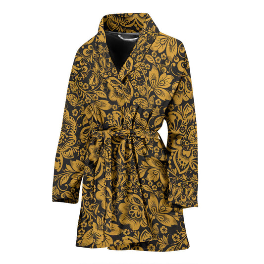 Brocade Gold Pattern Print Design 01 Women Bathrobe