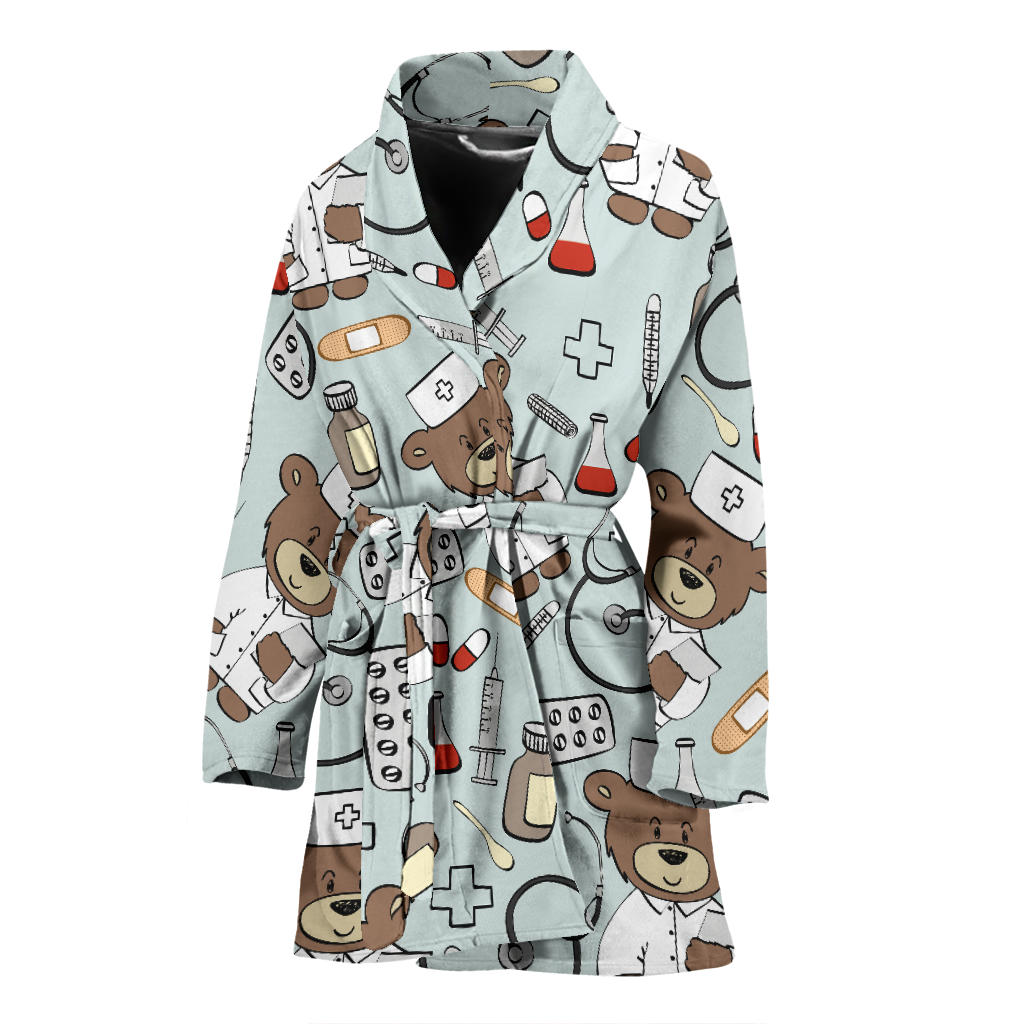 Nurse Bear Pattern Print Design A01 Women Bathrobe