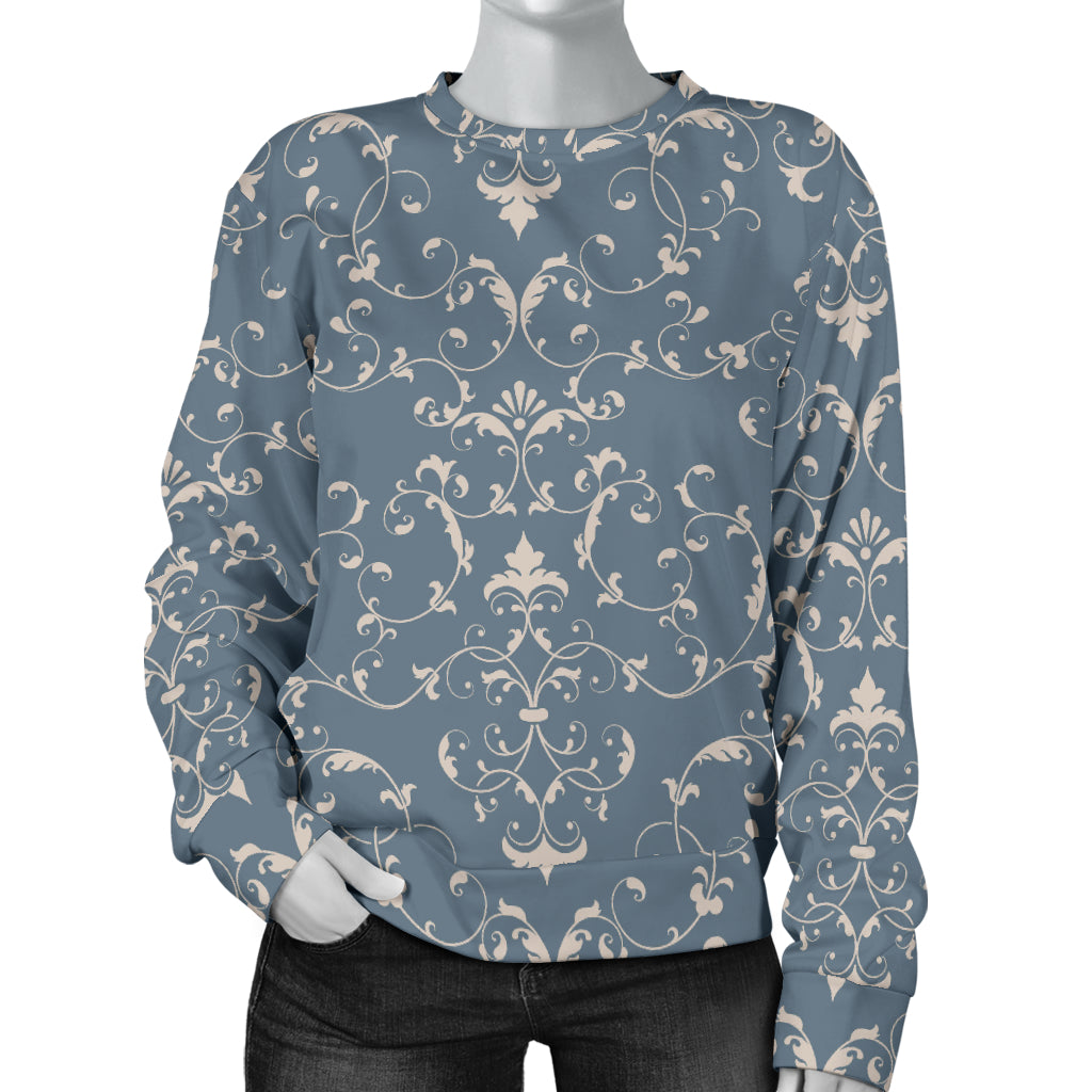 Damask Elegant Teal Print Pattern Women Long Sleeve Sweatshirt