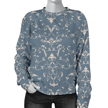 Damask Elegant Teal Print Pattern Women Long Sleeve Sweatshirt