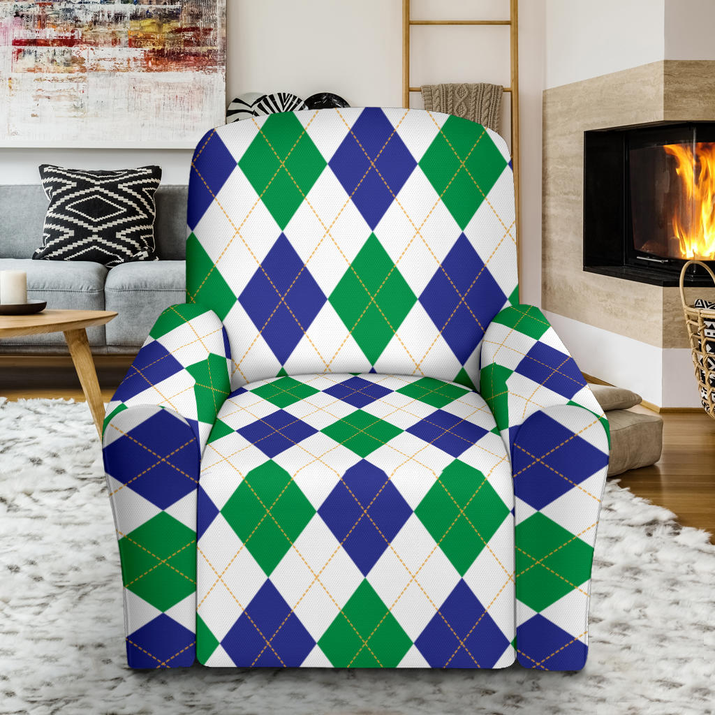 Argyle Green Blue Pattern Print Design 03 Recliner Slipcover with Pocket