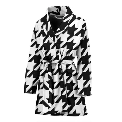 Houndstooth Black White Pattern Print Design 05 Women Bathrobe