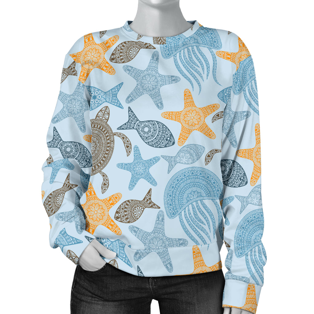 Polynesian Jellyfish Turtle Print Women Long Sleeve Sweatshirt