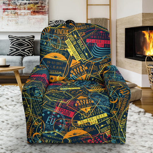 Travel Stamp Colorful Print Design LKS304 Recliner Slipcover with Pocket