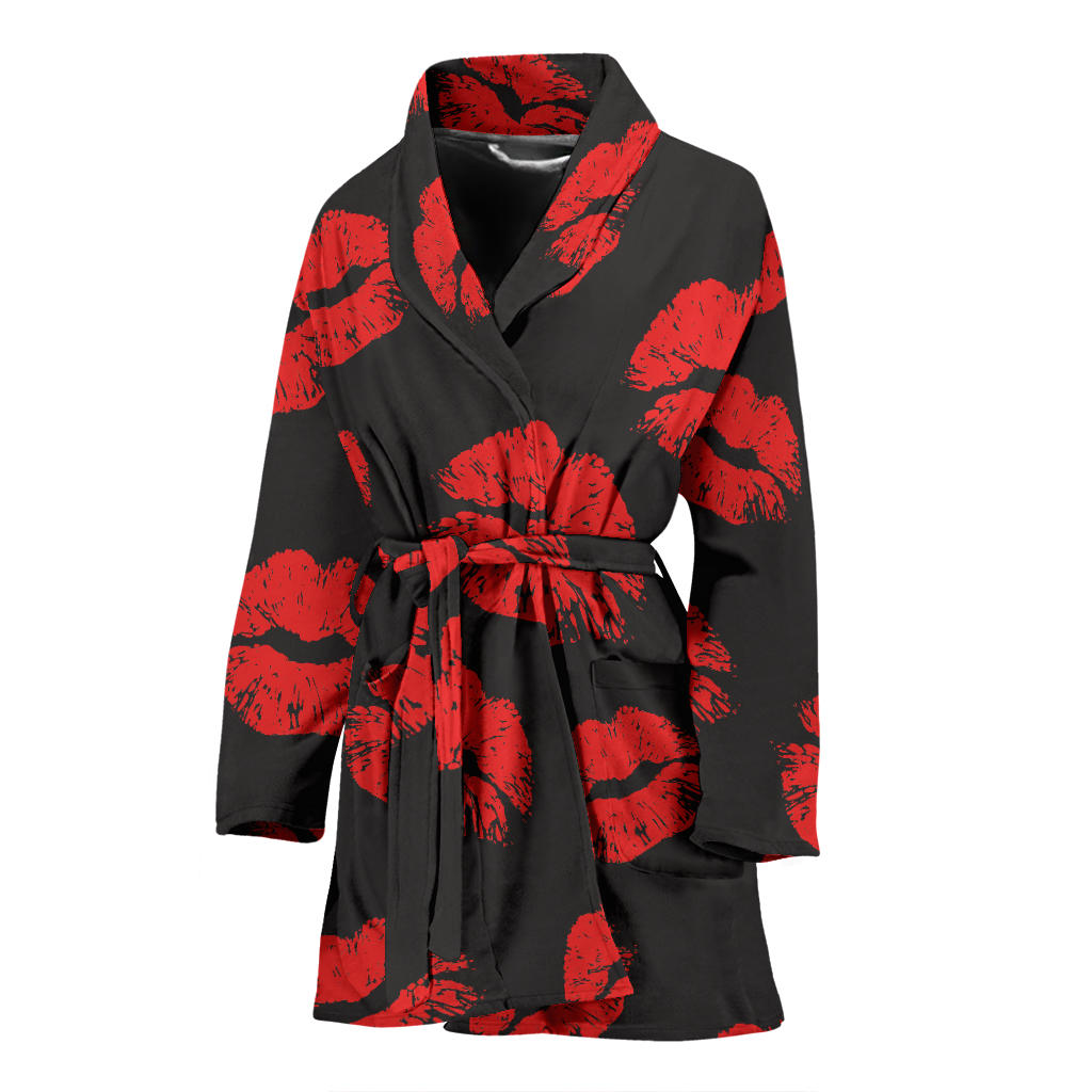Lip Red Pattern Print Design 02 Women Bathrobe