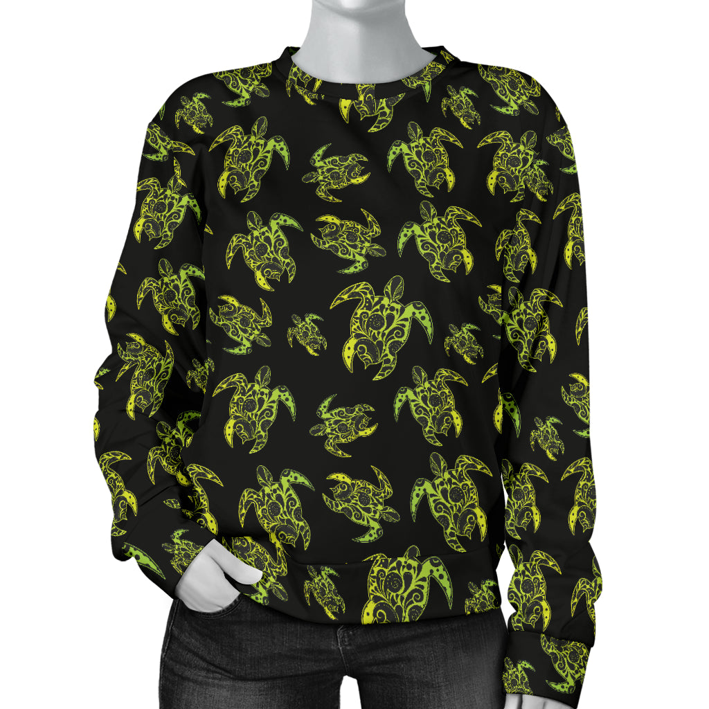 Green Tribal Turtle Polynesian Themed Women Long Sleeve Sweatshirt