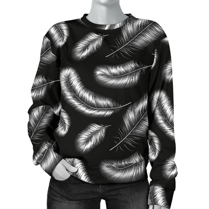 Feather Black White Design Print Women Long Sleeve Sweatshirt