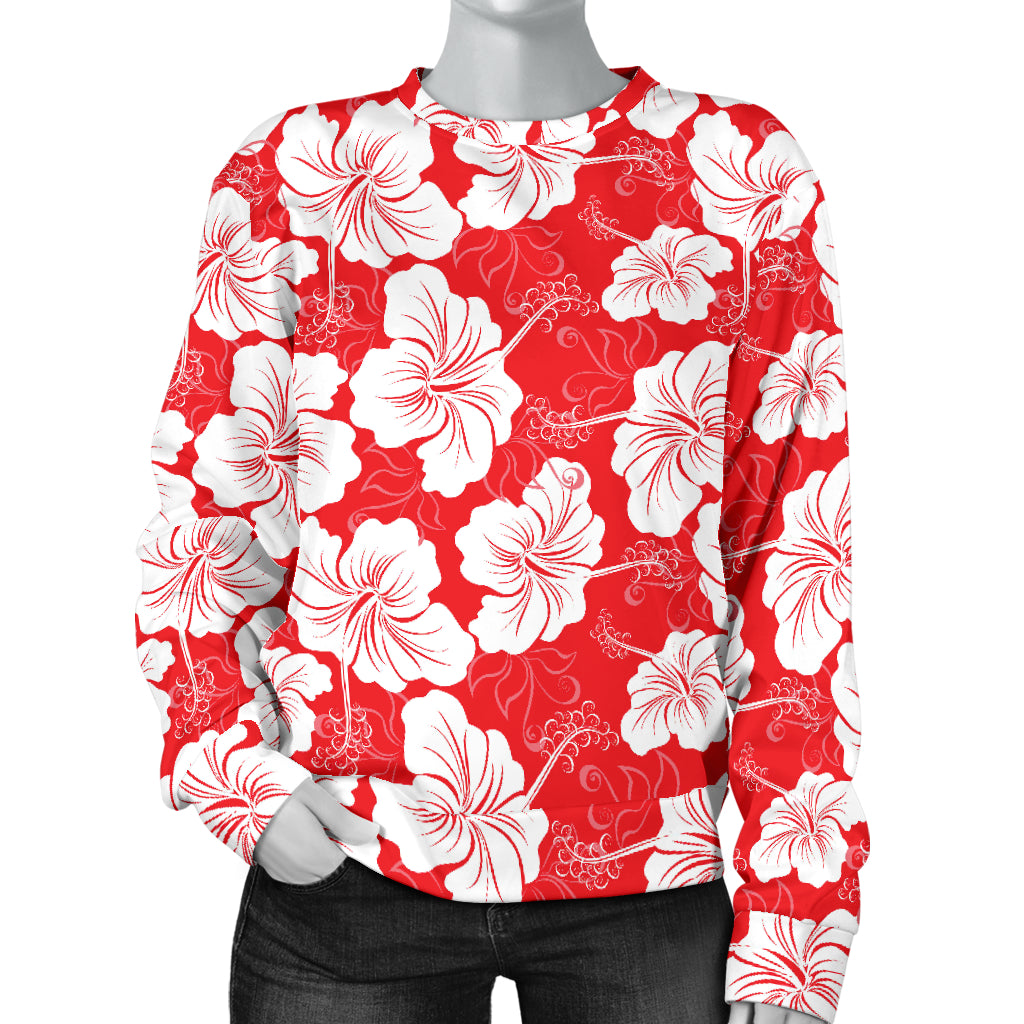 Flower Hawaiian Hibiscus Red Background Print Women Long Sleeve Sweatshirt