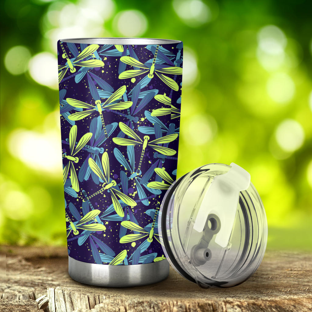 Dragonfly Lime Blue Print Pattern Tumbler