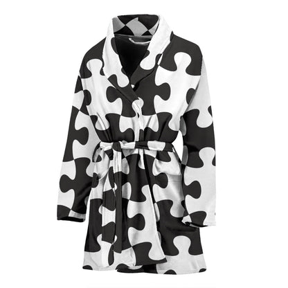 Puzzle Black White Pattern Print Design A02 Women Bathrobe