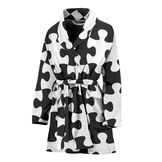 Puzzle Black White Pattern Print Design A02 Women Bathrobe