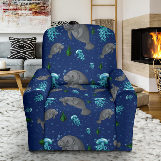 Manatee Pattern Print Design 01 Recliner Slipcover with Pocket