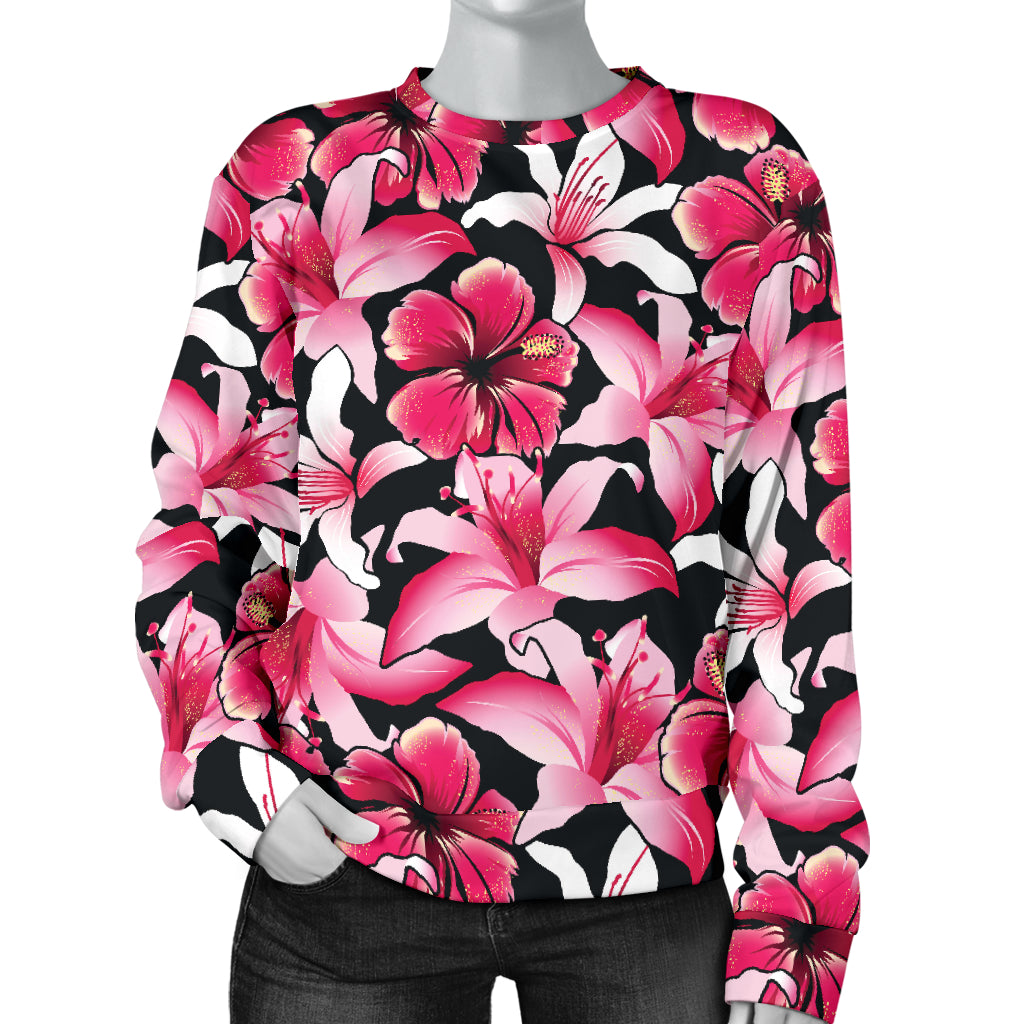 Flower Hawaiian Pink Red Hibiscus Print Women Long Sleeve Sweatshirt