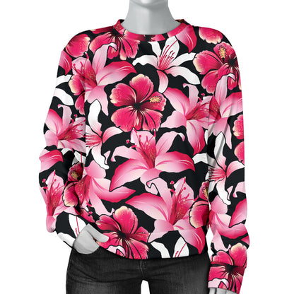 Flower Hawaiian Pink Red Hibiscus Print Women Long Sleeve Sweatshirt