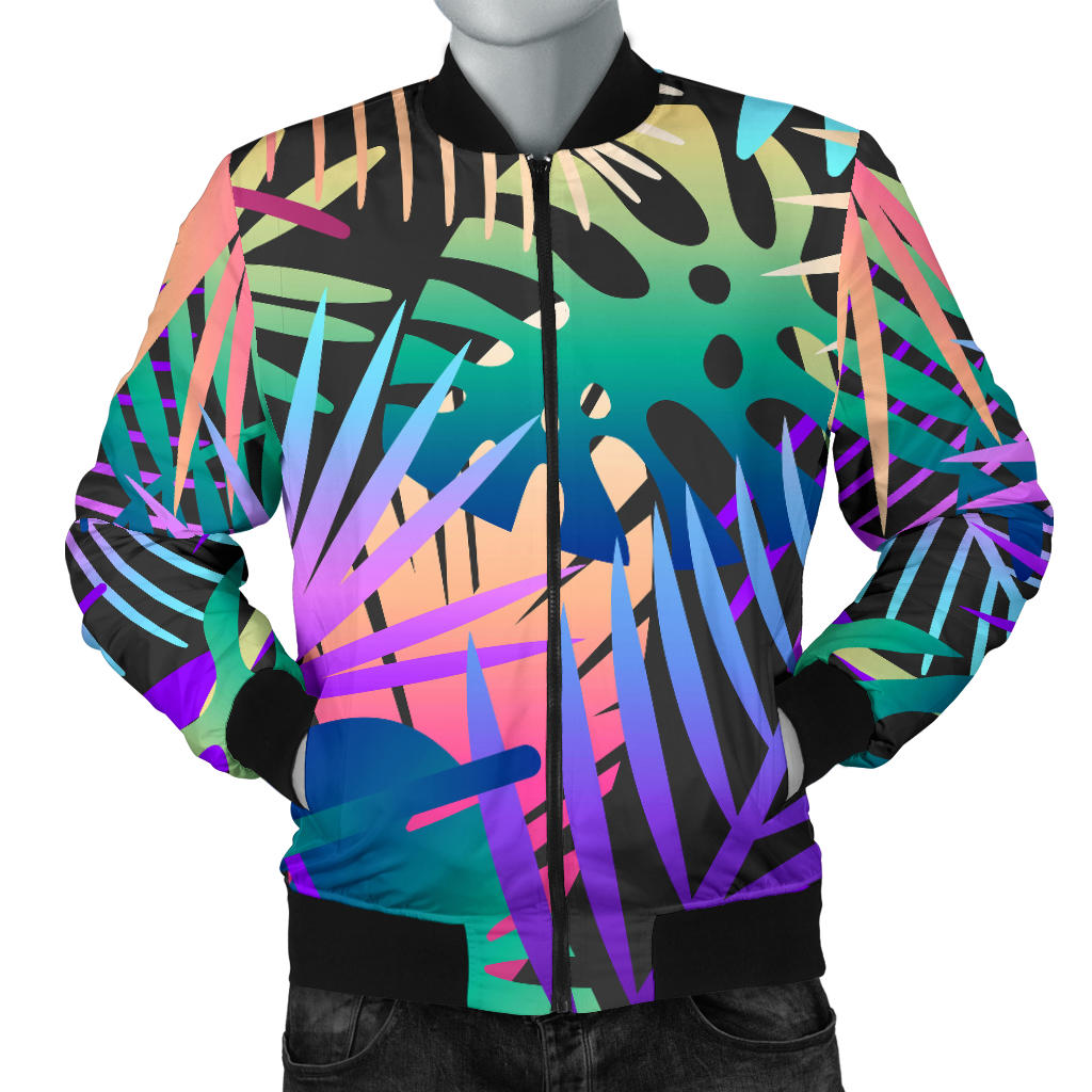 Neon Flower Tropical Palm Leaves Men Bomber Jacket