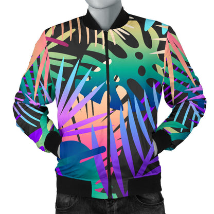 Neon Flower Tropical Palm Leaves Men Bomber Jacket