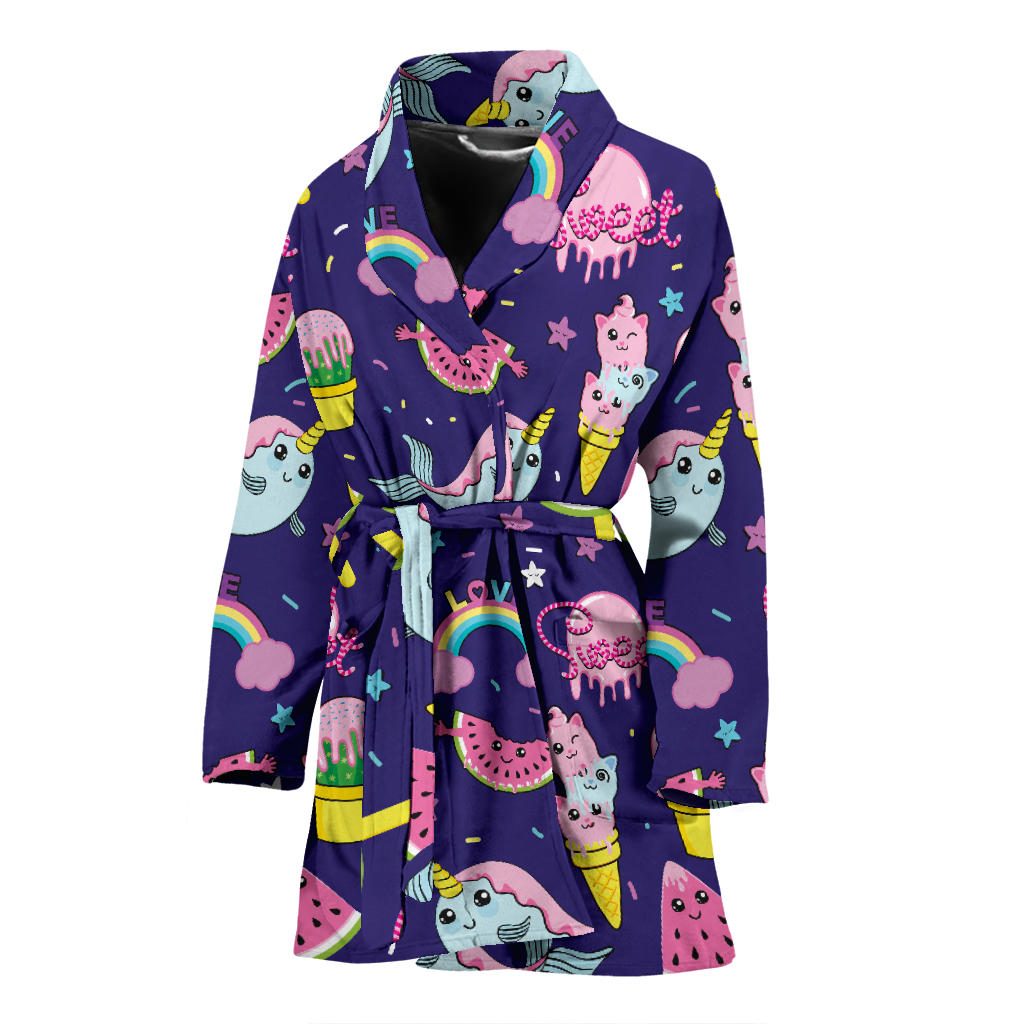 Narwhal Cute Pattern Print Design 02 Women Bathrobe