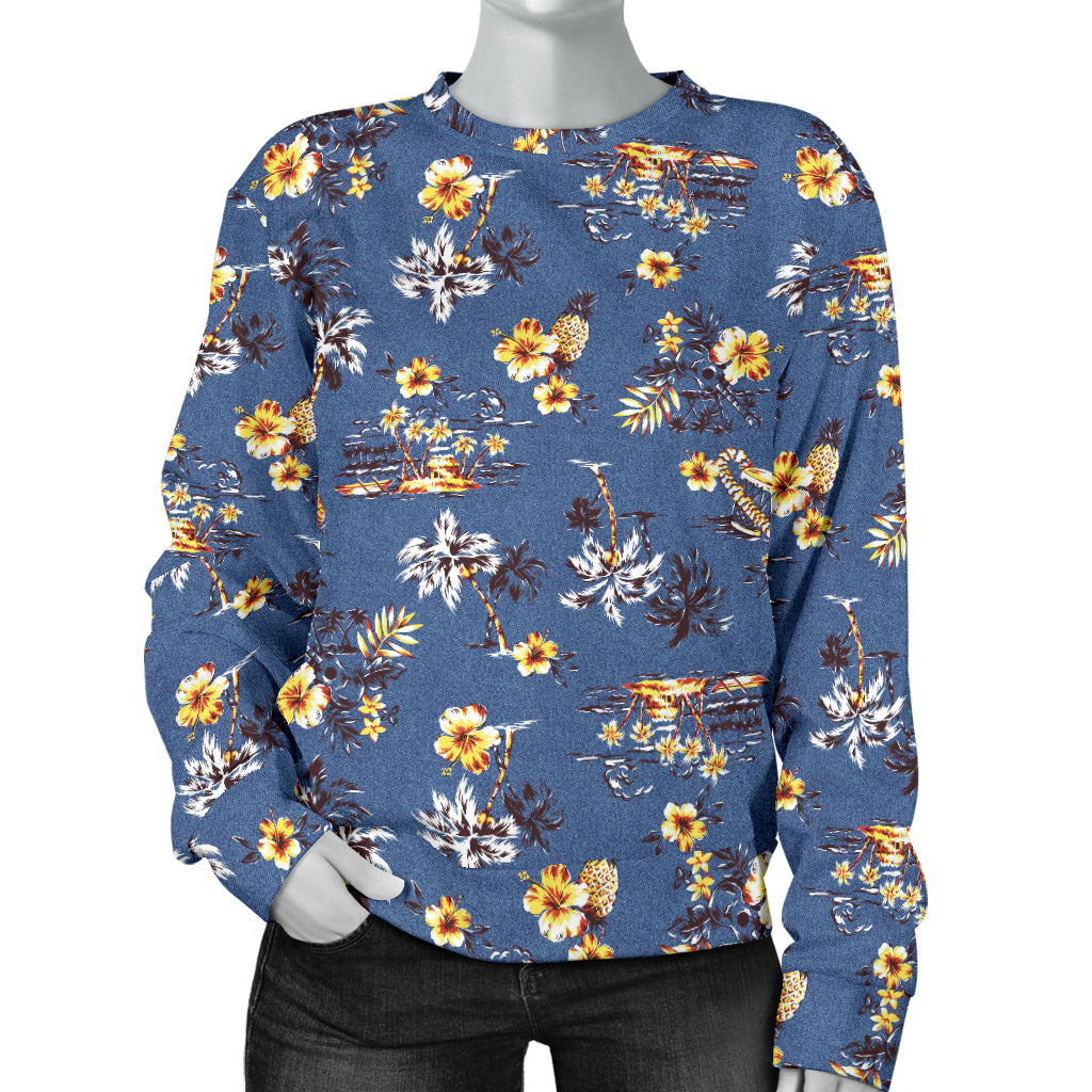 Hawaiian Flower Blue Print Women Long Sleeve Sweatshirt