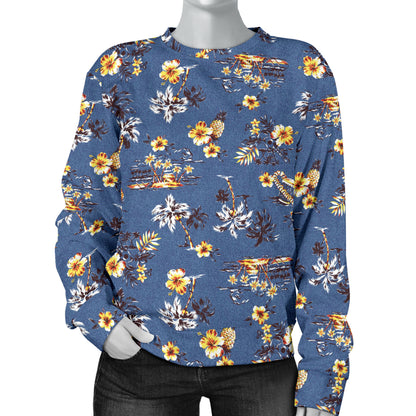 Hawaiian Flower Blue Print Women Long Sleeve Sweatshirt