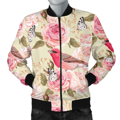 Bird Butterfly Pink Flower Print Pattern Men Bomber Jacket