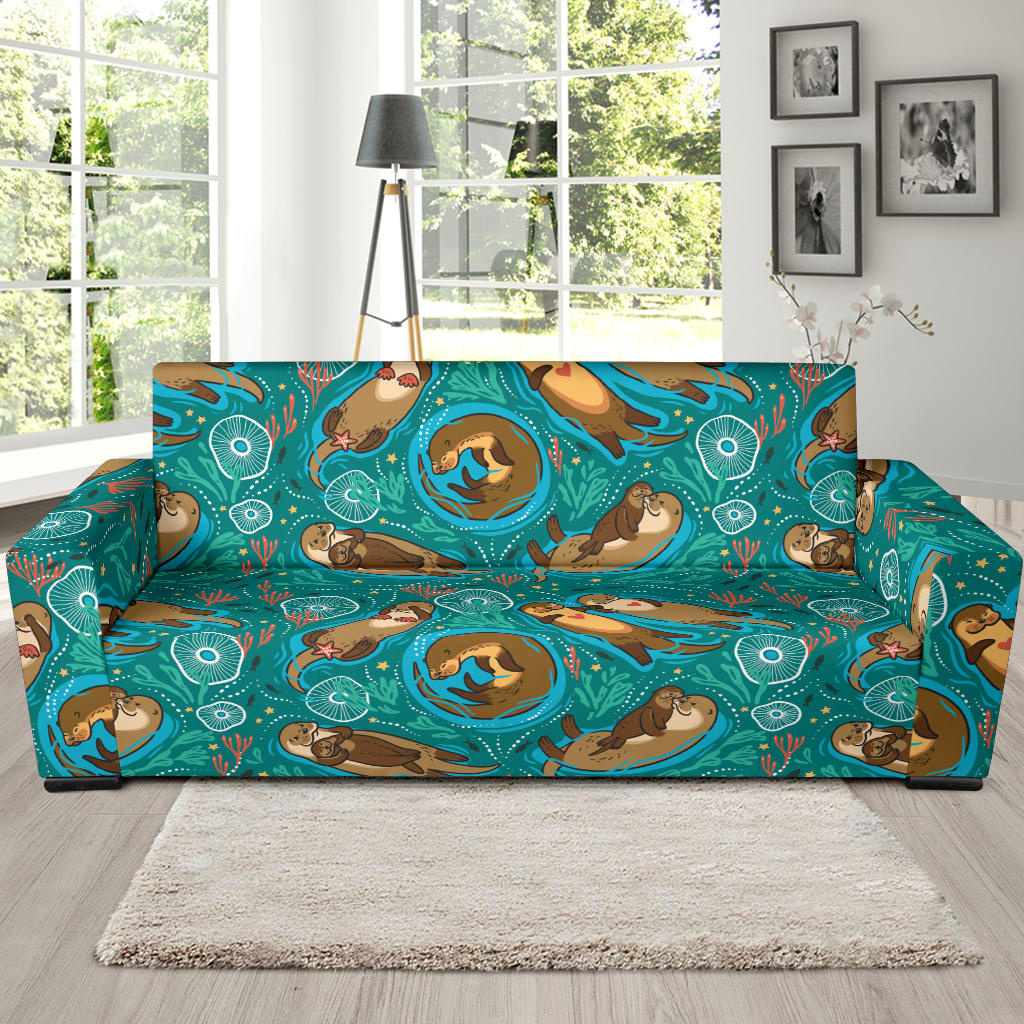 Sea Otter Pattern Print Design 01 Sofa Slipcover