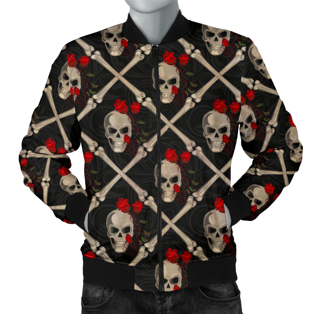 Skull Roses Bone Design Themed Print Men Bomber Jacket