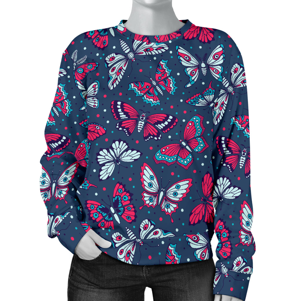 Butterfly Red Deep Blue Print Pattern Women Long Sleeve Sweatshirt