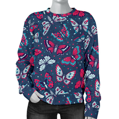 Butterfly Red Deep Blue Print Pattern Women Long Sleeve Sweatshirt