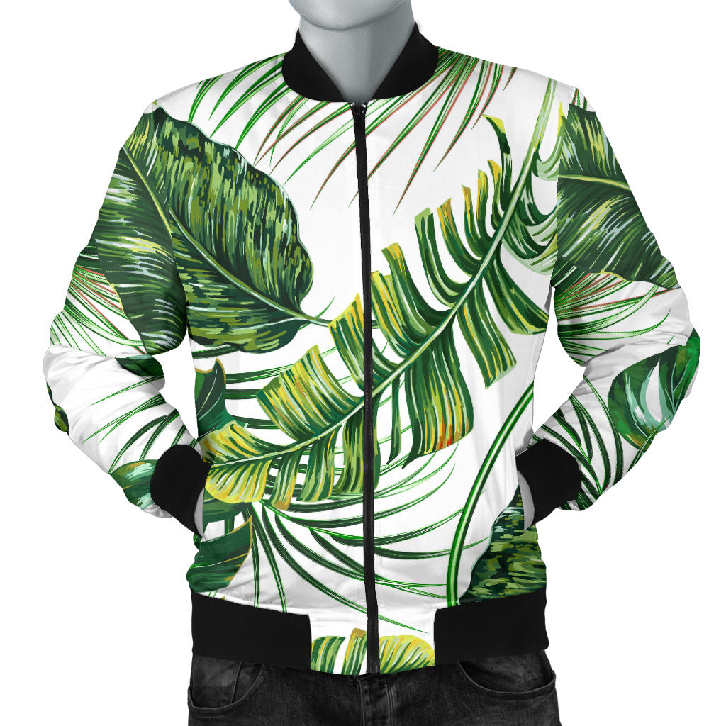 Green Pattern Tropical Palm Leaves Men Bomber Jacket