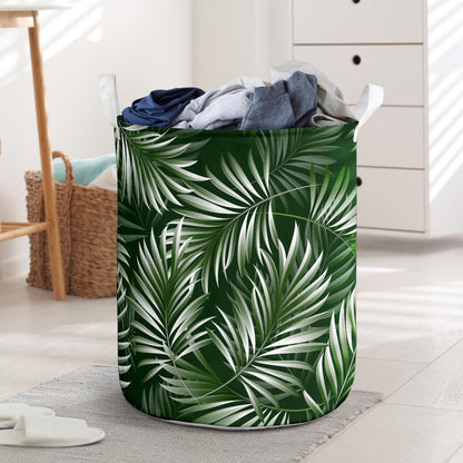 White Green Tropical Palm Leaves Laundry Basket