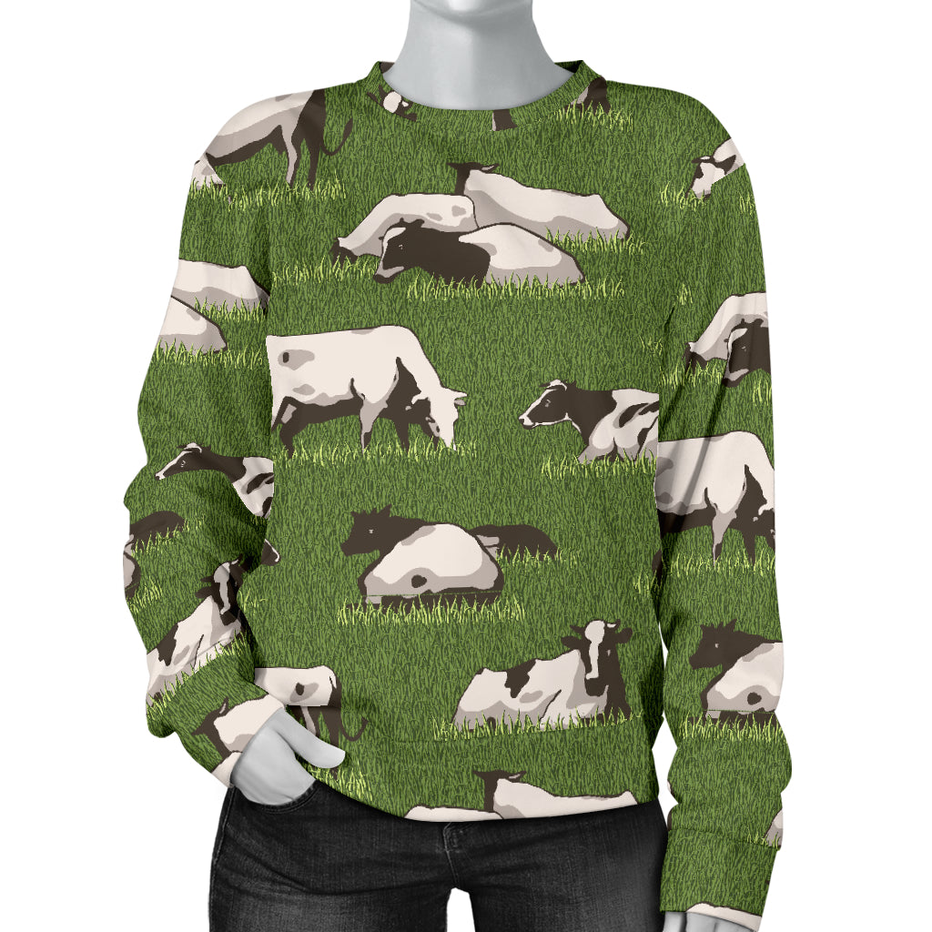 Cow on Grass Print Pattern Women Long Sleeve Sweatshirt