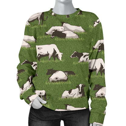 Cow on Grass Print Pattern Women Long Sleeve Sweatshirt