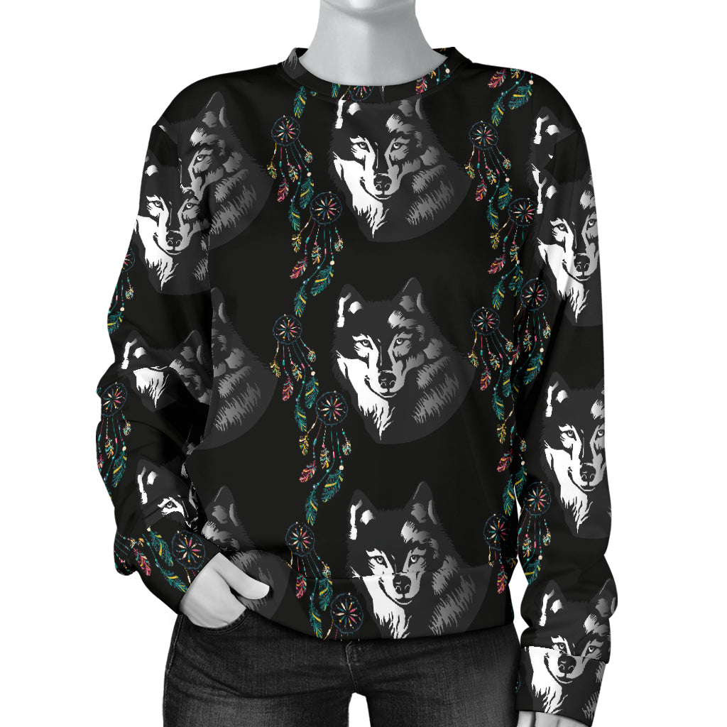 Wolf Black Dream Catcher Design Print Women Long Sleeve Sweatshirt