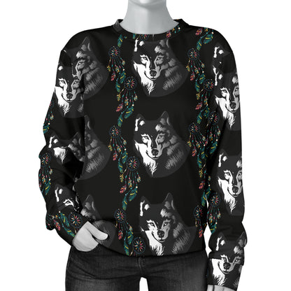 Wolf Black Dream Catcher Design Print Women Long Sleeve Sweatshirt