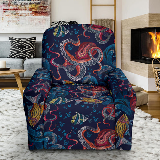 Underwater Giant Squid Print Design LKS302 Recliner Slipcover with Pocket