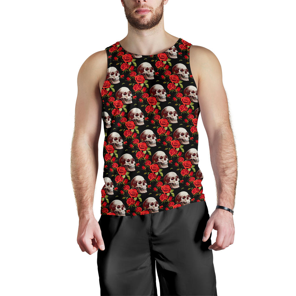 Red Rose Skull Design Print Men Tank Top
