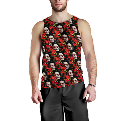 Red Rose Skull Design Print Men Tank Top