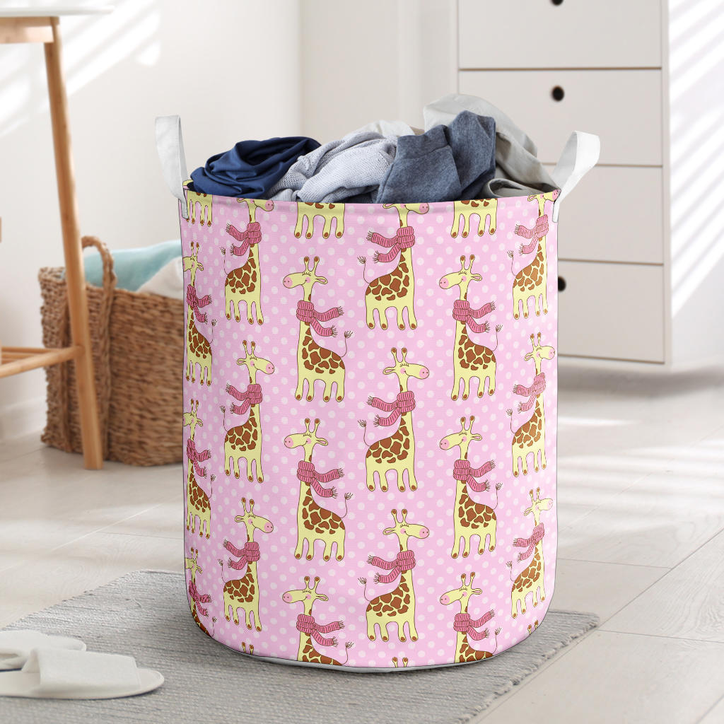Giraffe Cute Pink Polka Dot Print Laundry Basket